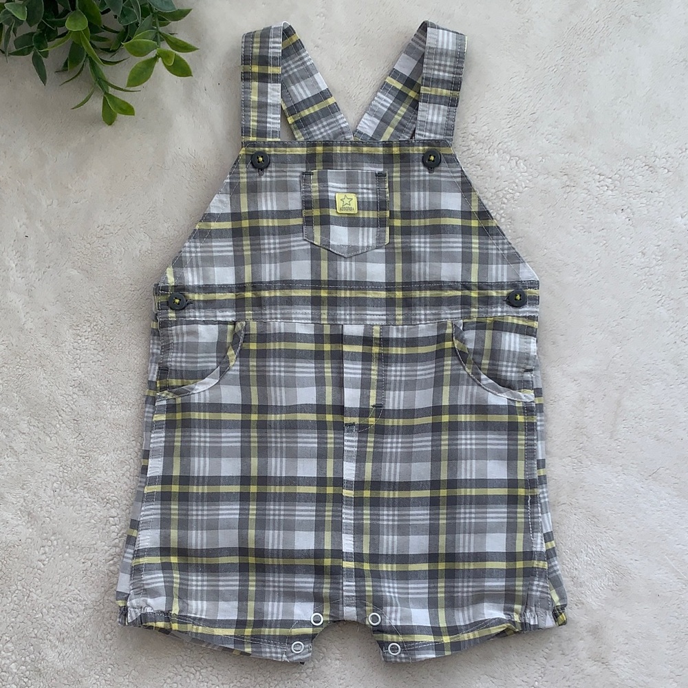 Absorba Gray & Yellow Shortalls 24M Baby Boy EUC